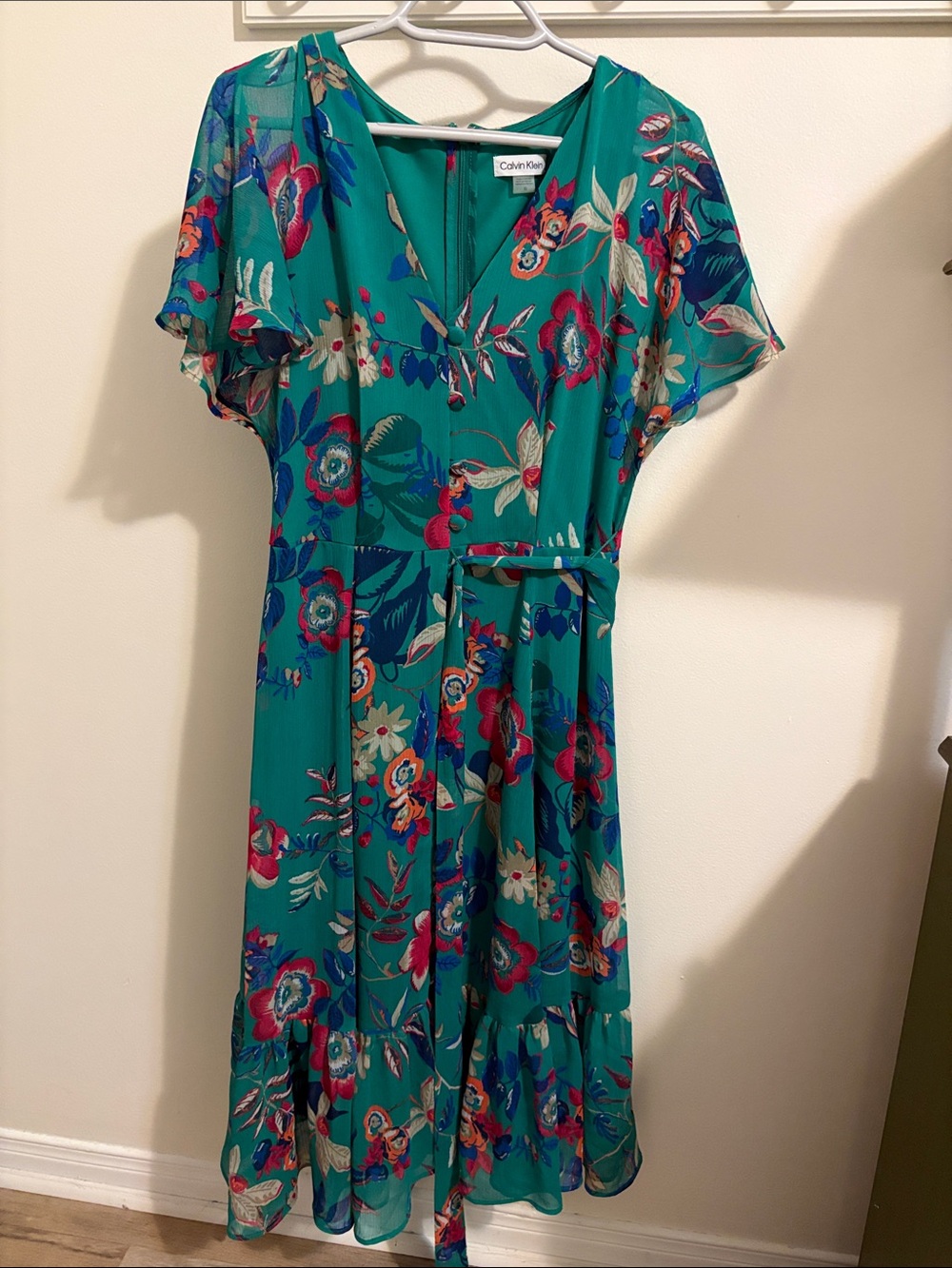 Calvin Klein Teal Floral Wrap-Style Midi Dress